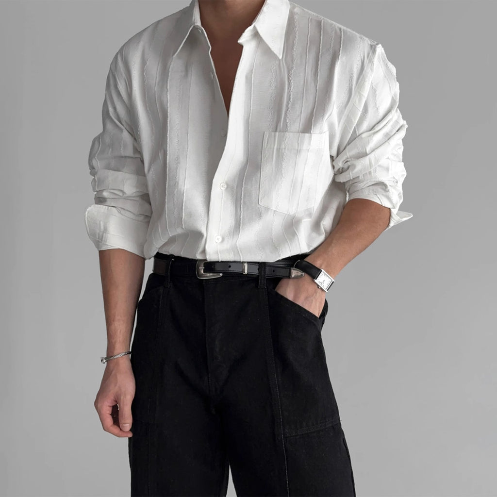 High-End Textured Wide Fit Long Sleeve Shirt – Minimal Korean Solid Pocket Shirt