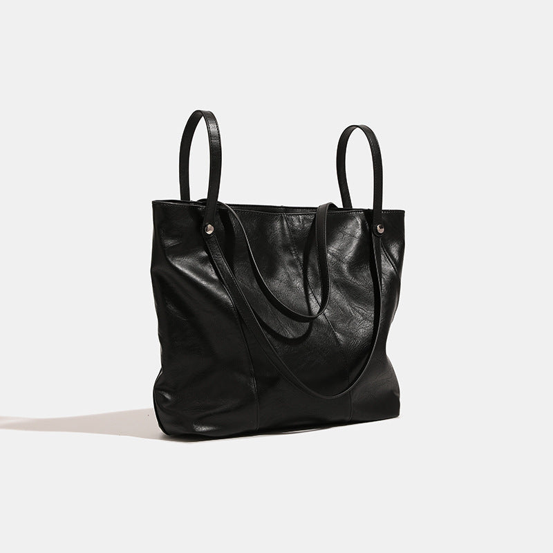Black Soft Leather Textured Korean-Style Shoulder Bag | Minimal Everyday Tote