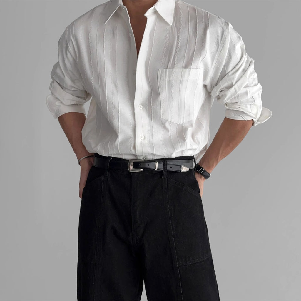 High-End Textured Wide Fit Long Sleeve Shirt – Minimal Korean Solid Pocket Shirt