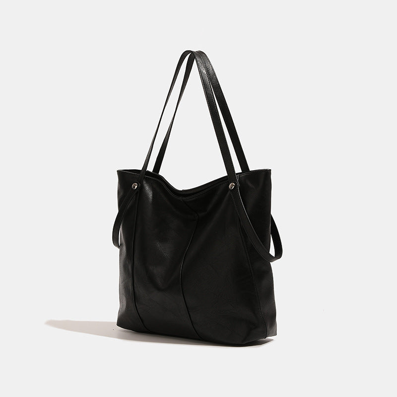 Black Soft Leather Textured Korean-Style Shoulder Bag | Minimal Everyday Tote