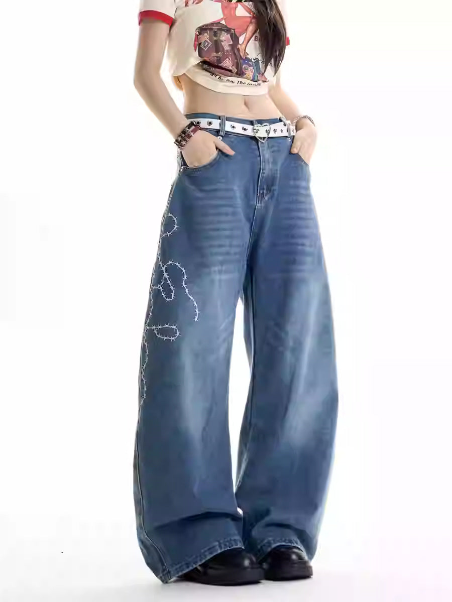 American Retro Hot Girl Embroidered Wide-Leg Jeans