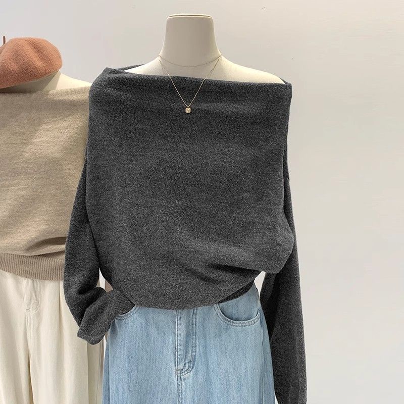 French Lazy Style Off-Shoulder Loose Knit Sweater
