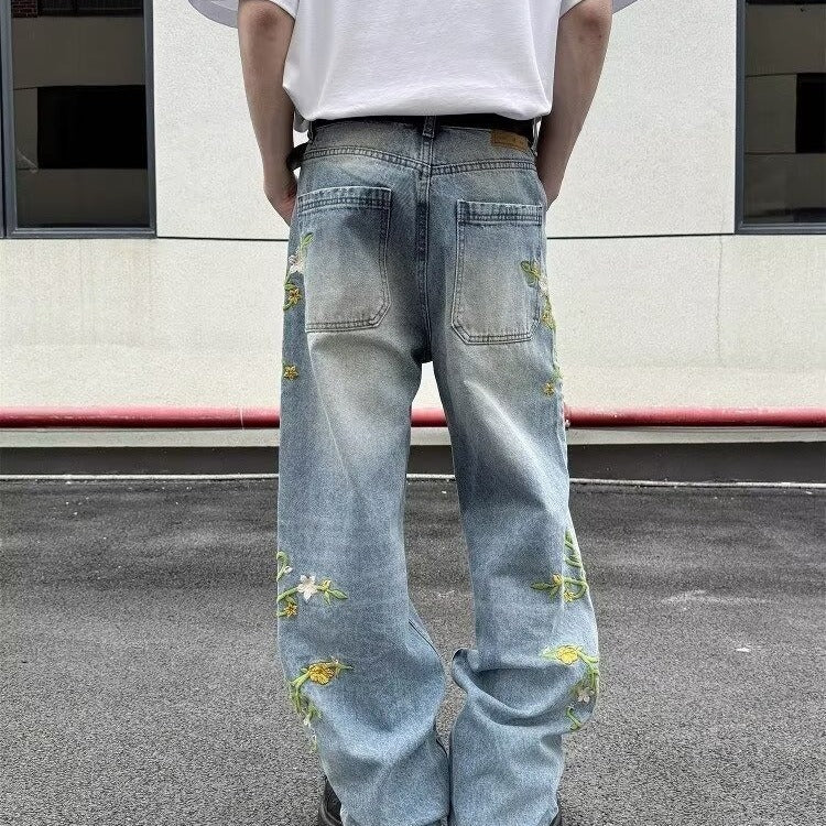 Floral Embroidered High Street Wide-Leg Denim Pants | Unisex Casual Streetwear