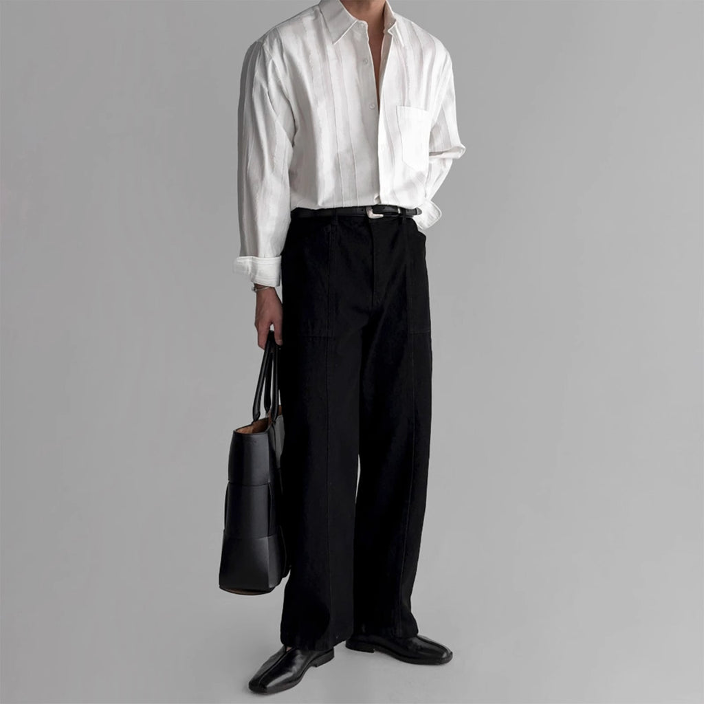 High-End Textured Wide Fit Long Sleeve Shirt – Minimal Korean Solid Pocket Shirt