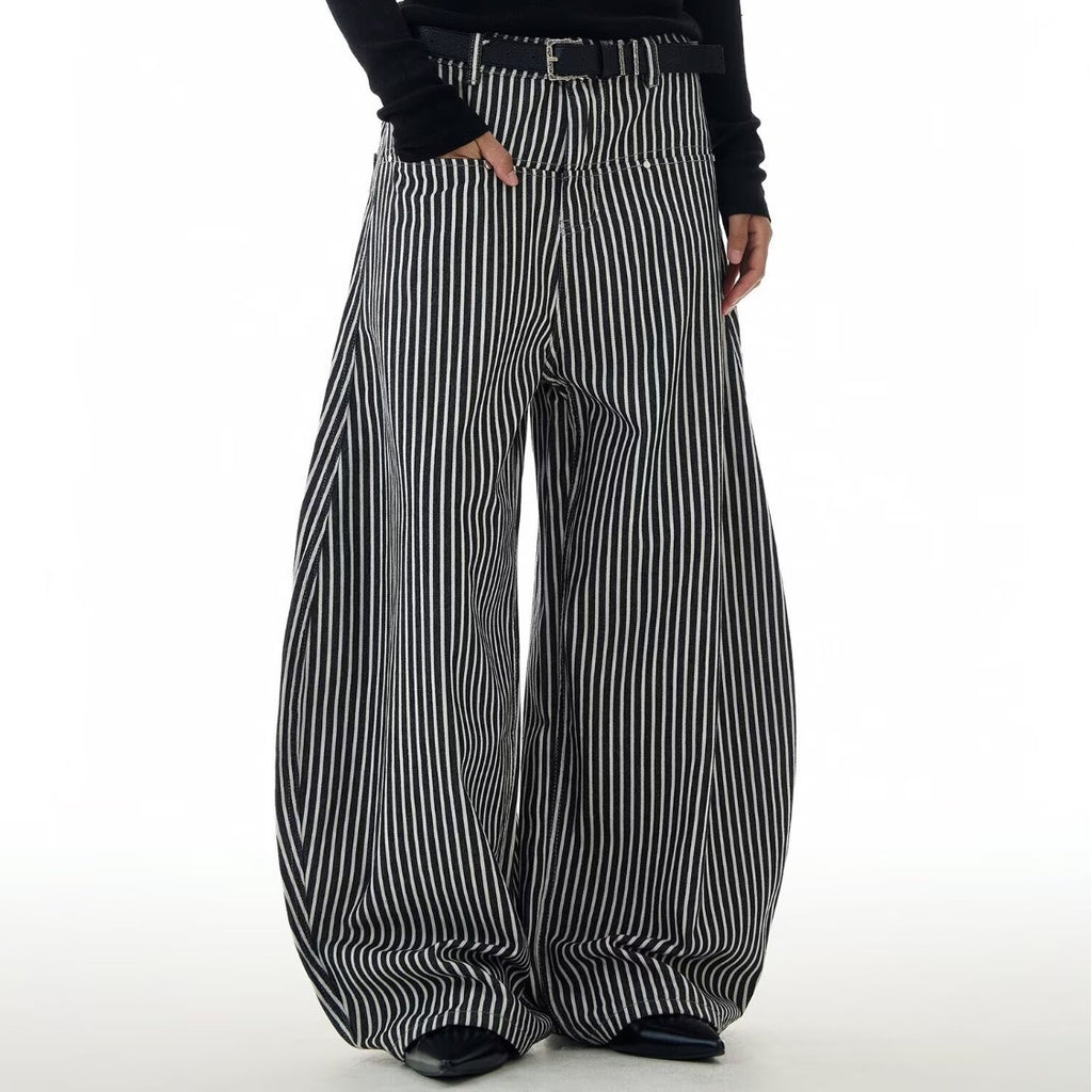 Lazy Style Curved Wide-Leg Knife Pants – Floor Sweeping Striped Streetwear
