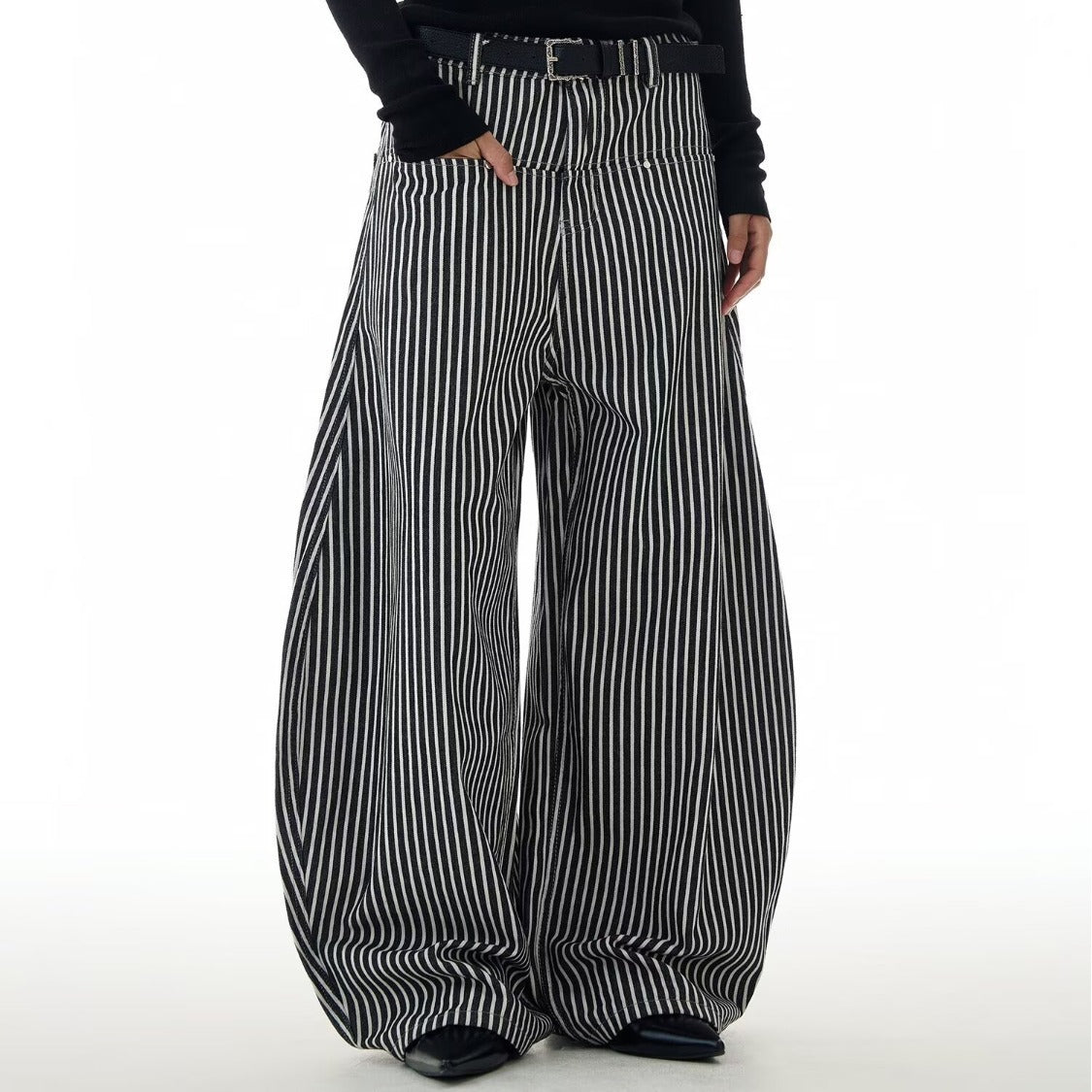 Lazy Style Curved Wide-Leg Knife Pants – Floor Sweeping Striped Streetwear