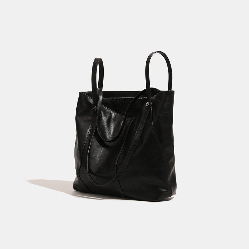 Black Soft Leather Textured Korean-Style Shoulder Bag | Minimal Everyday Tote