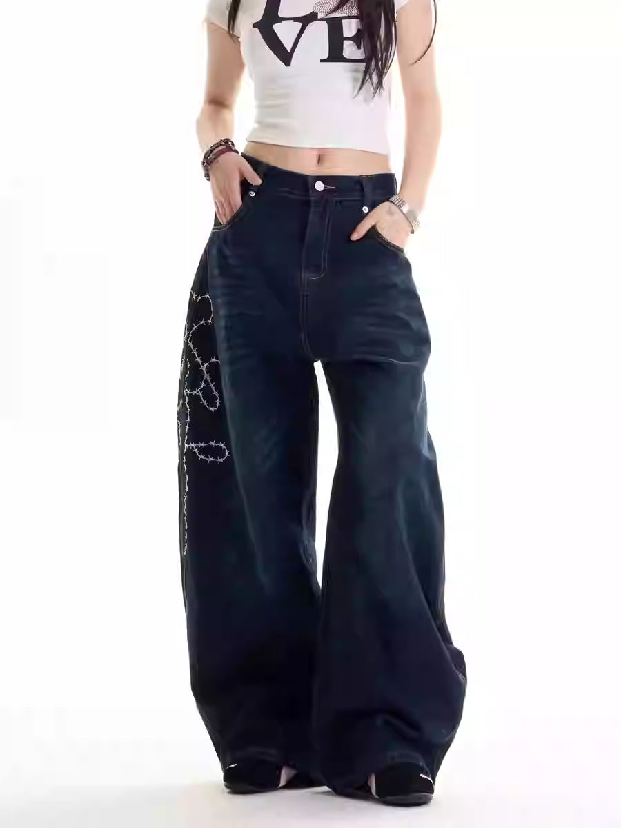 American Retro Hot Girl Embroidered Wide-Leg Jeans