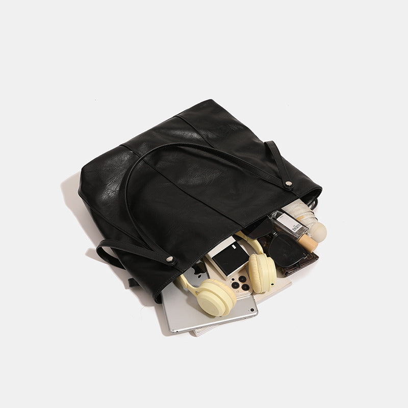 Black Soft Leather Textured Korean-Style Shoulder Bag | Minimal Everyday Tote