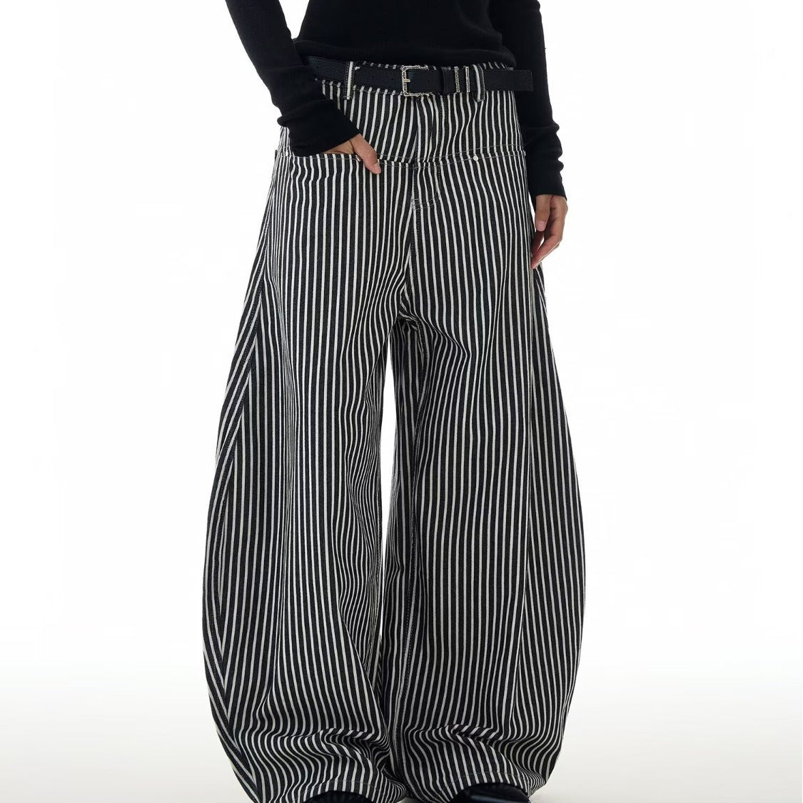 Lazy Style Curved Wide-Leg Knife Pants – Floor Sweeping Striped Streetwear