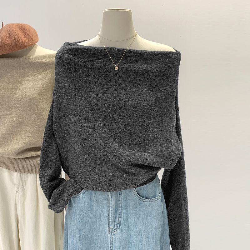 French Lazy Style Off-Shoulder Loose Knit Sweater