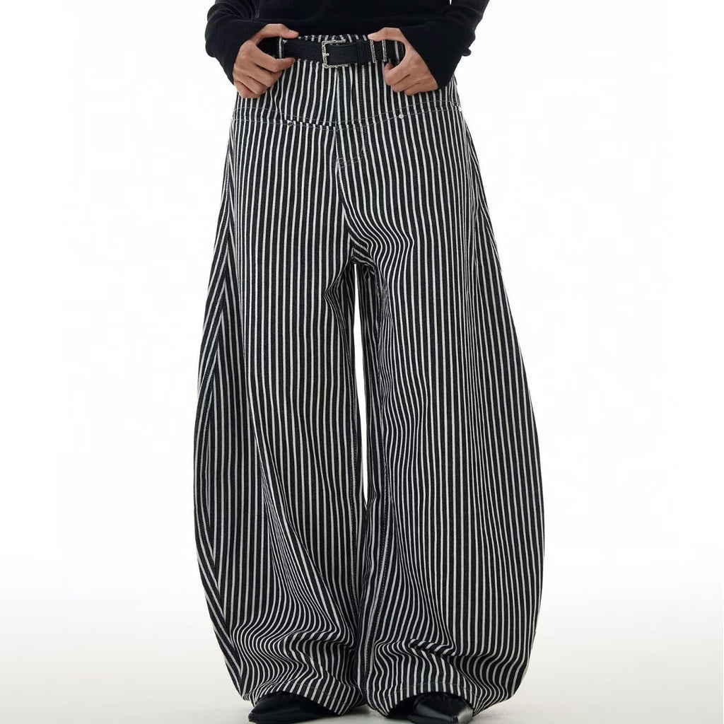 Lazy Style Curved Wide-Leg Knife Pants – Floor Sweeping Striped Streetwear