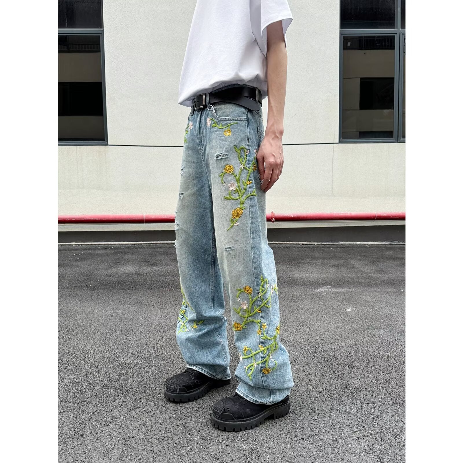 Floral Embroidered High Street Wide-Leg Denim Pants | Unisex Casual Streetwear