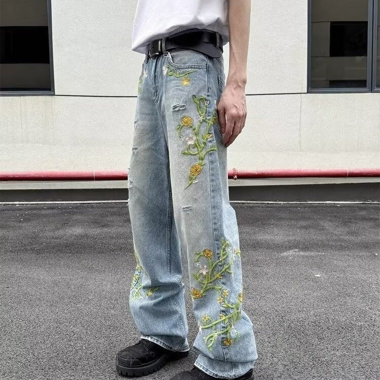 Floral Embroidered High Street Wide-Leg Denim Pants | Unisex Casual Streetwear