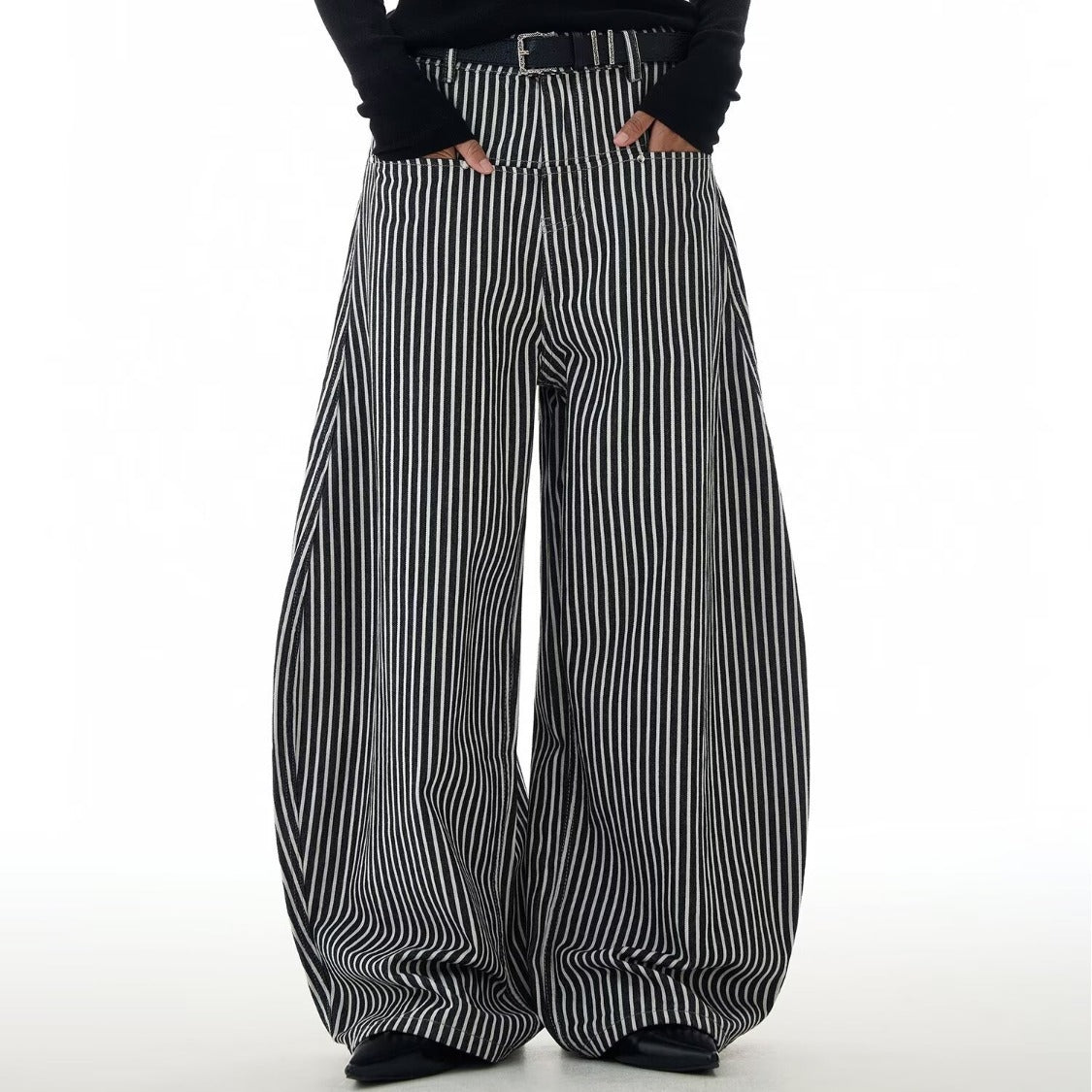 Lazy Style Curved Wide-Leg Knife Pants – Floor Sweeping Striped Streetwear