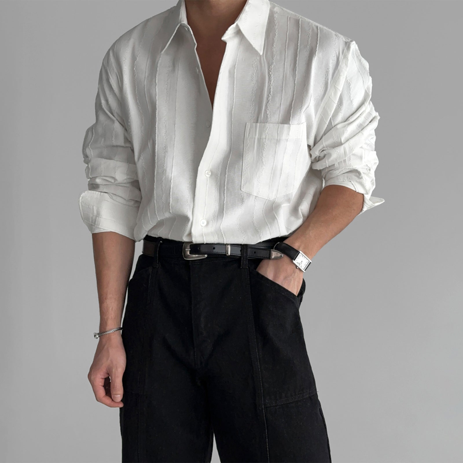 High-End Textured Wide Fit Long Sleeve Shirt – Minimal Korean Solid Pocket Shirt