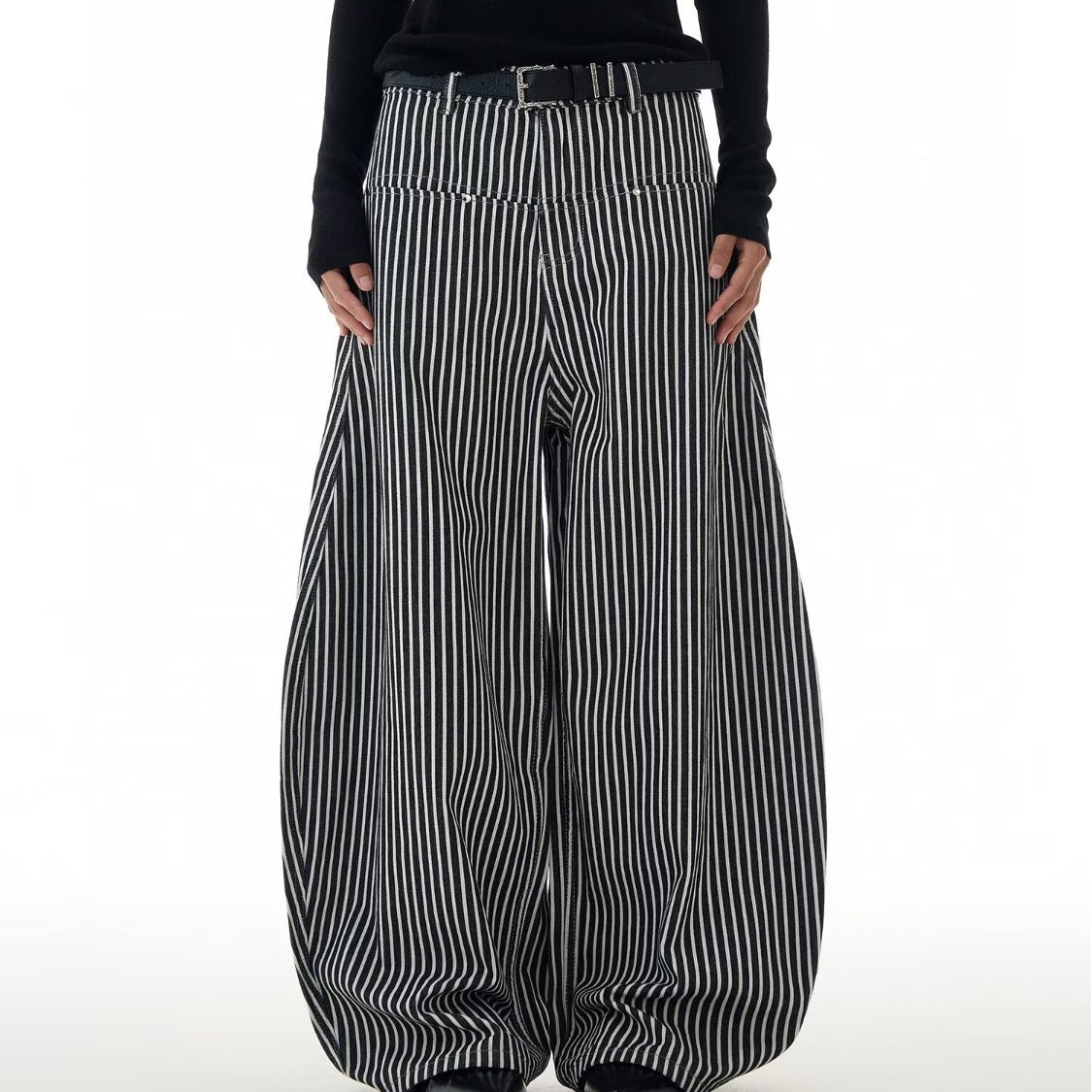 Lazy Style Curved Wide-Leg Knife Pants – Floor Sweeping Striped Streetwear