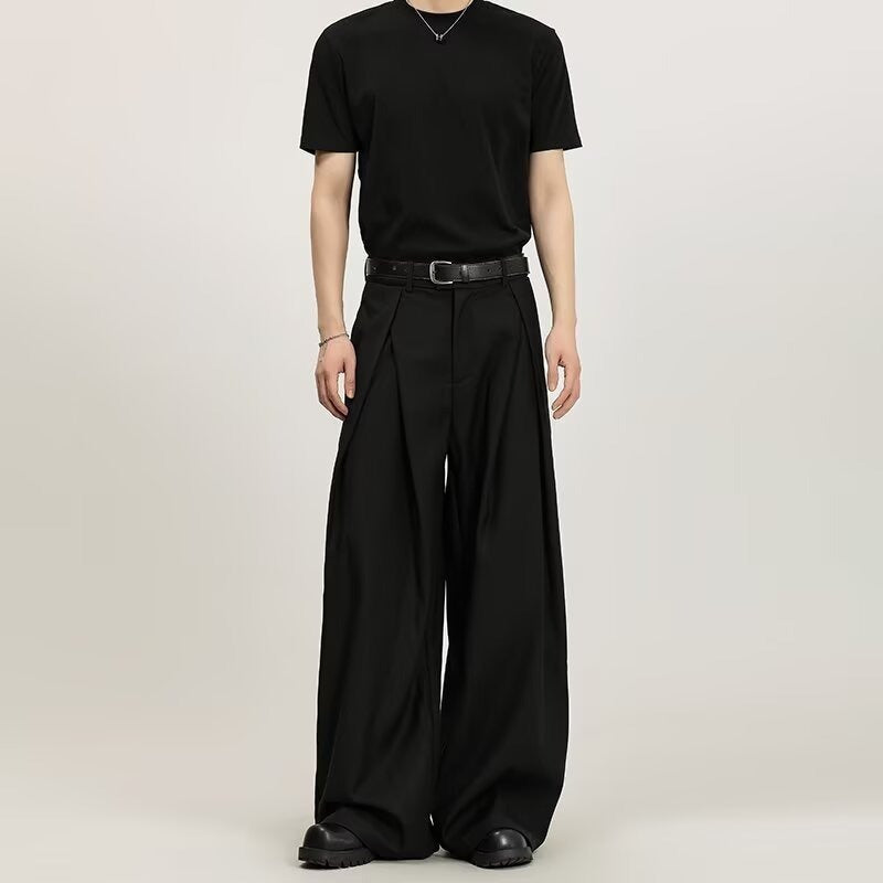 Men’s Pleated Loose-Fit Straight Trousers | Summer Non-Ironing Wide-Leg Pants