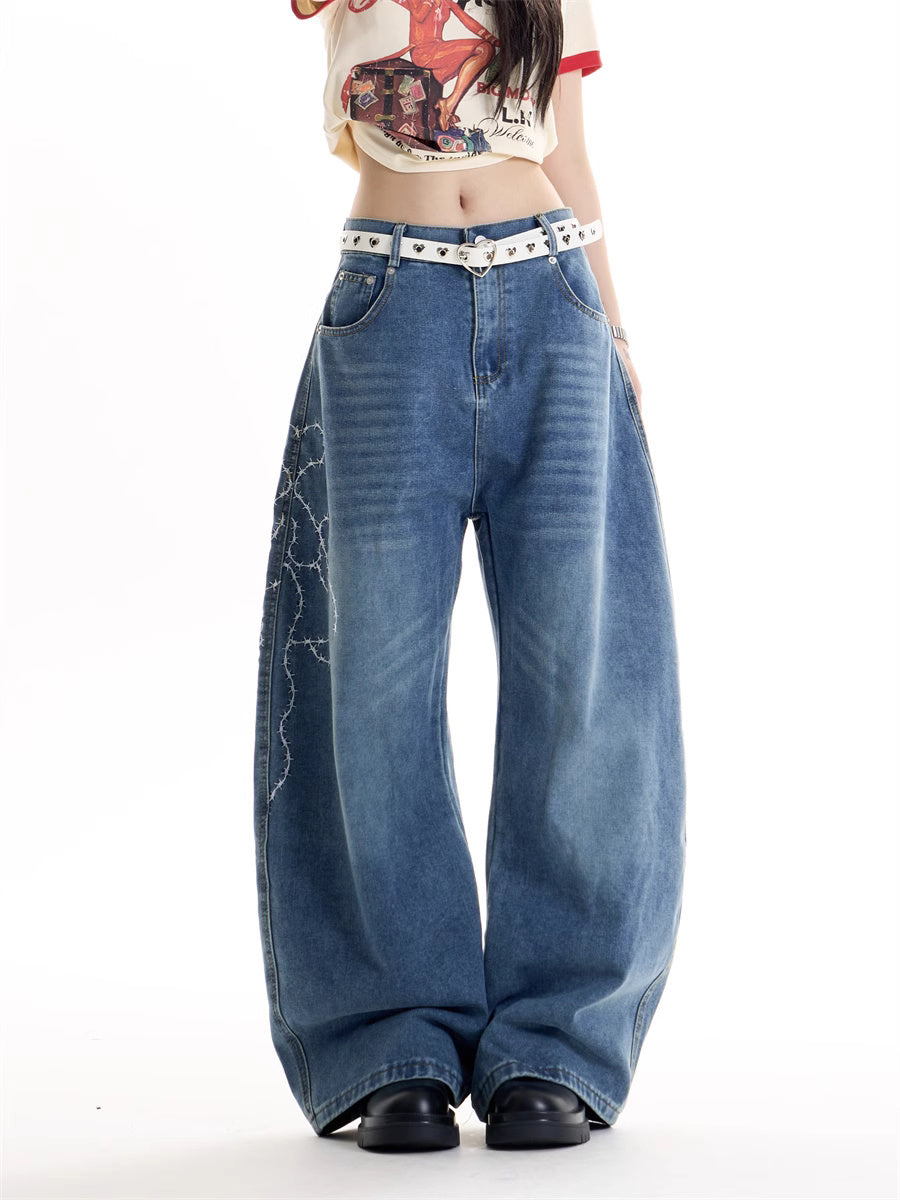 American Retro Hot Girl Embroidered Wide-Leg Jeans
