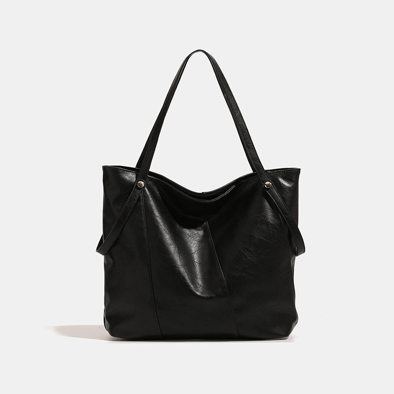 Black Soft Leather Textured Korean-Style Shoulder Bag | Minimal Everyday Tote