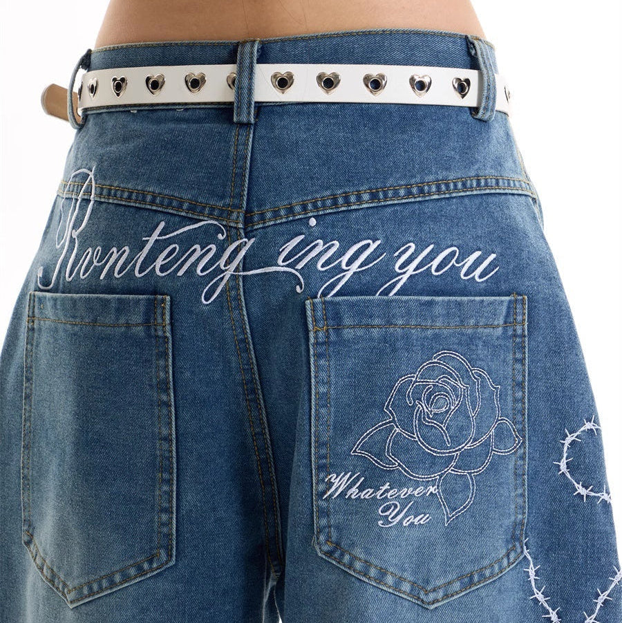 American Retro Hot Girl Embroidered Wide-Leg Jeans